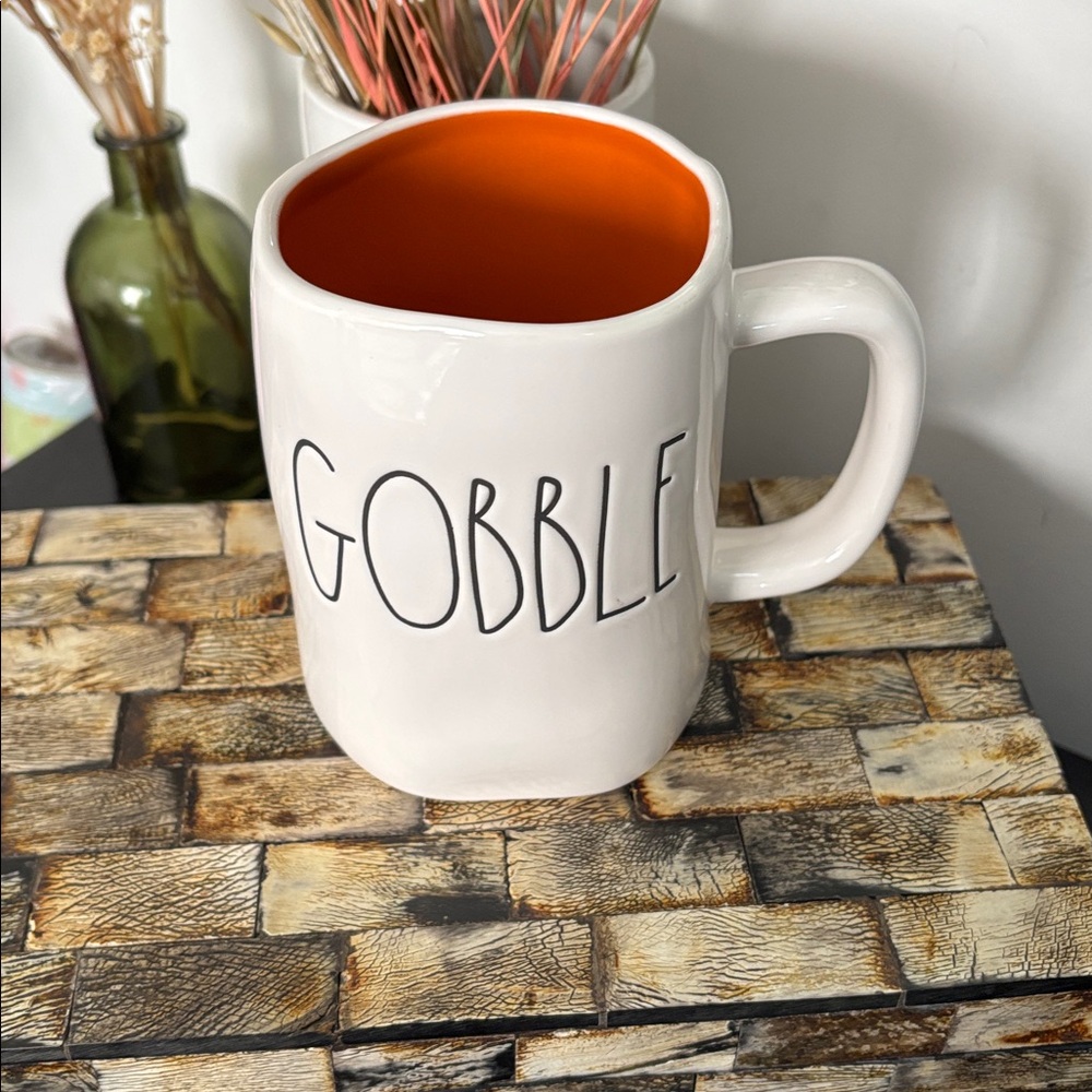 NEW RAE DUNN Ceramic GOBBLE Large Mug Autumn Fall Thanksgiving White Orange - Picture 2 of 9